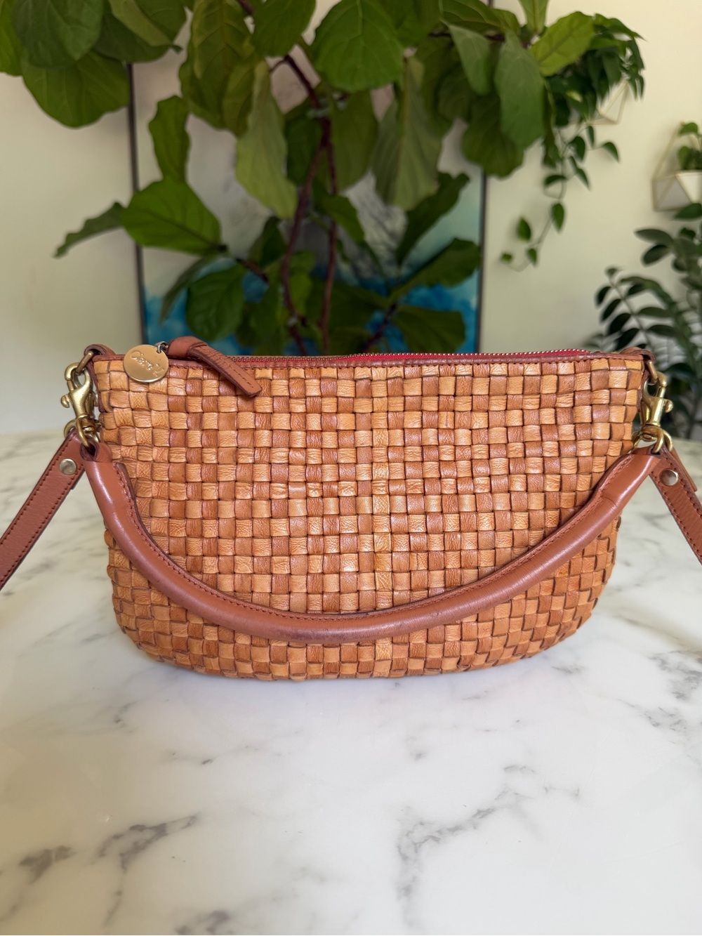 Clare V. Woven Petit Moyen Leather Crossbody Shoulder Bag Natural Tan Brown